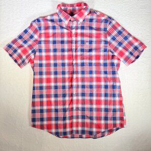 Chaps Men's‎ Button Down Short Sleeve Shirts Red Easy Care Plaid Pockets Size XL